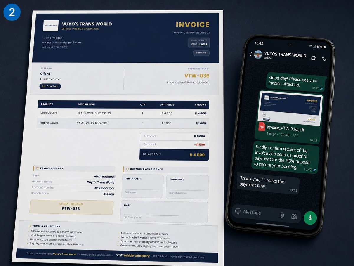 Formal invoice with order details and deposit request